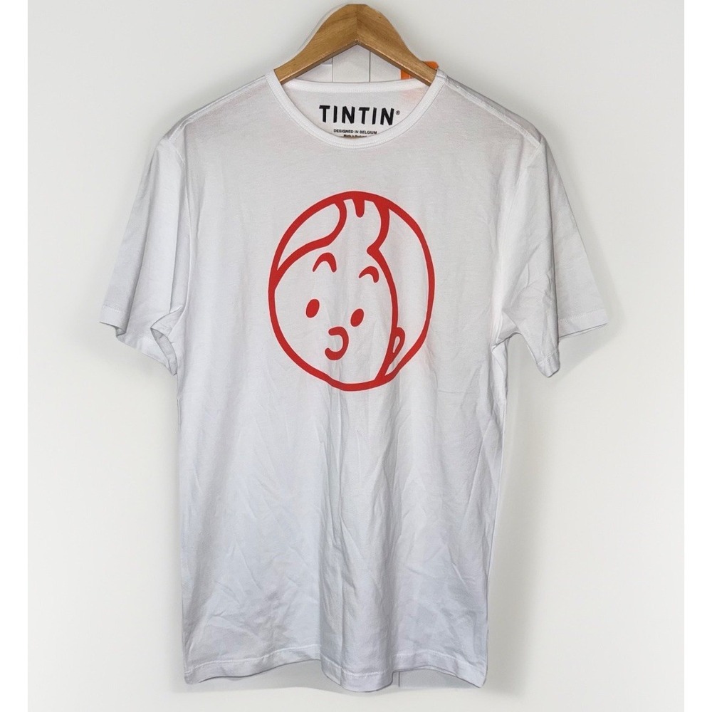 NWT Tintin Graphic T-Shirt Mens Medium White Red Logo Face Moulinsart Licensed